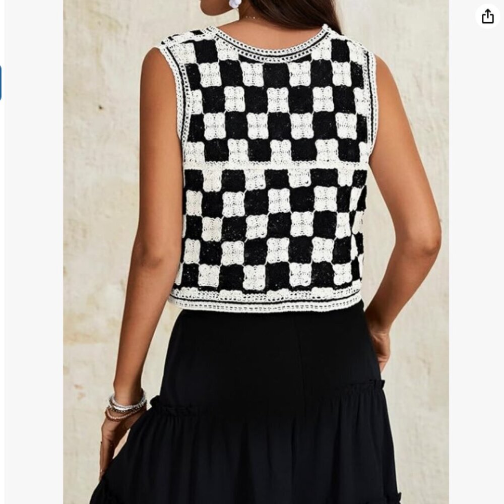 Button Front V Neck Sleeveless Crochet Plaid Checkered Knit Sweater Vest - Picture 7 of 7